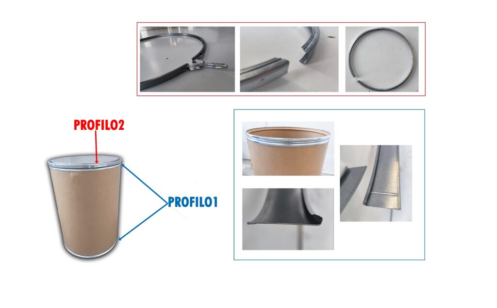 Dettagli dei collari inox per chiusura fusti con bordatura antitaglio prodotti dalla profilatrice oPm